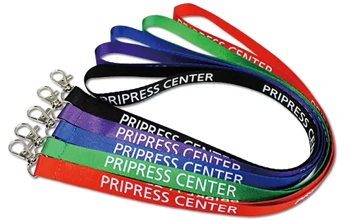 PRIPRESS CENTERのロゴが入った5色の平織ネックストラップの参考画像です。